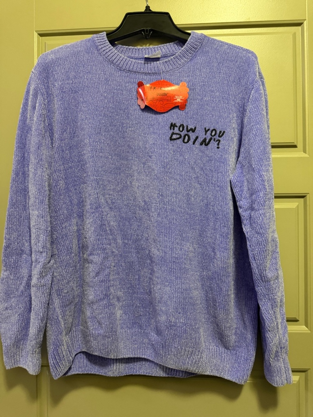 FRIENDS Lavender Chenille Crewneck Sweater with 'How You Doin?' Embroidery